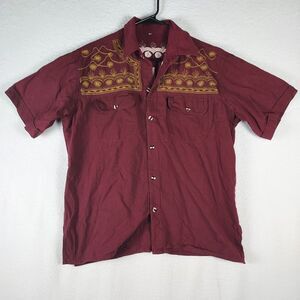 Vintage Men’s Large Cowboy Rodeo Shirt Maroon Gold Embroidery Pearl Snap Western